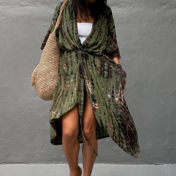 Army Green Tie Dye Boho Swim Coverup Kimono Robe - Picture 5 of 6